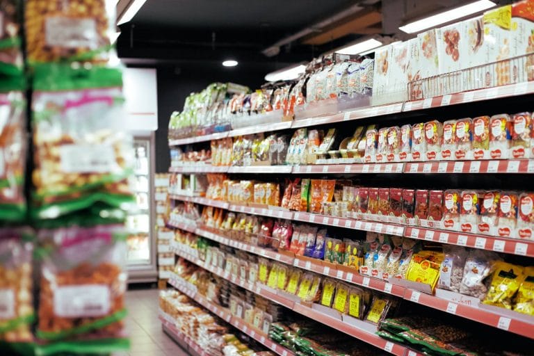 store shelves lined with food packages