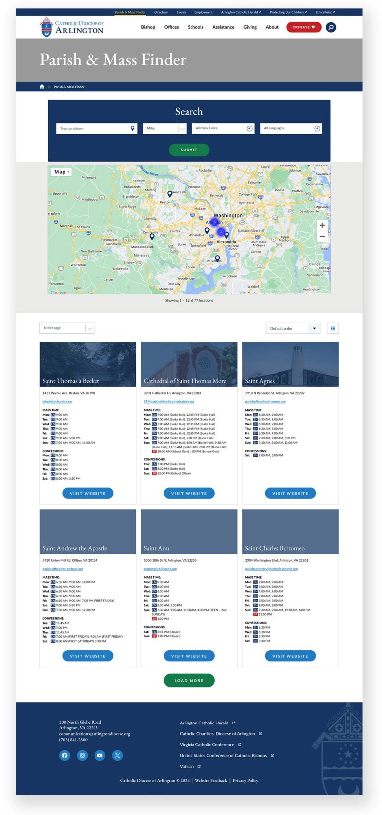 arlington diocese site screenshot of the mass-finder page