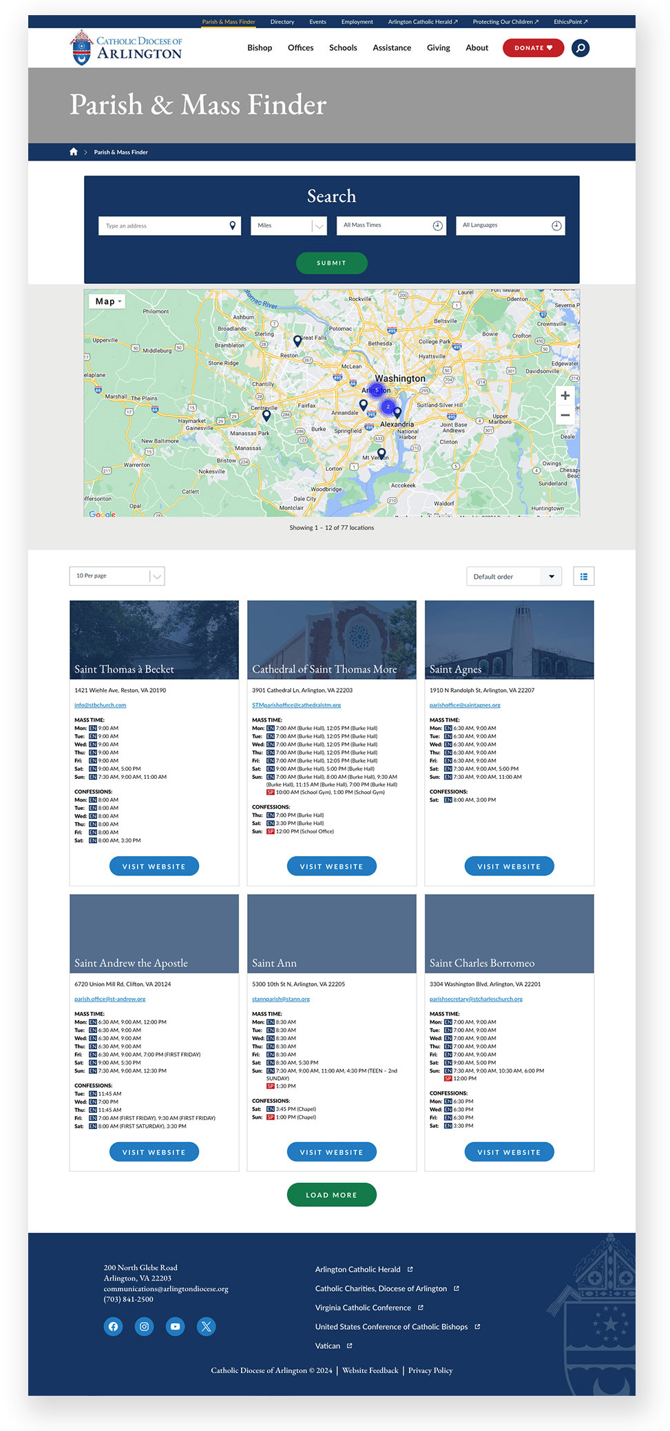 arlington diocese site screenshot of the mass-finder page